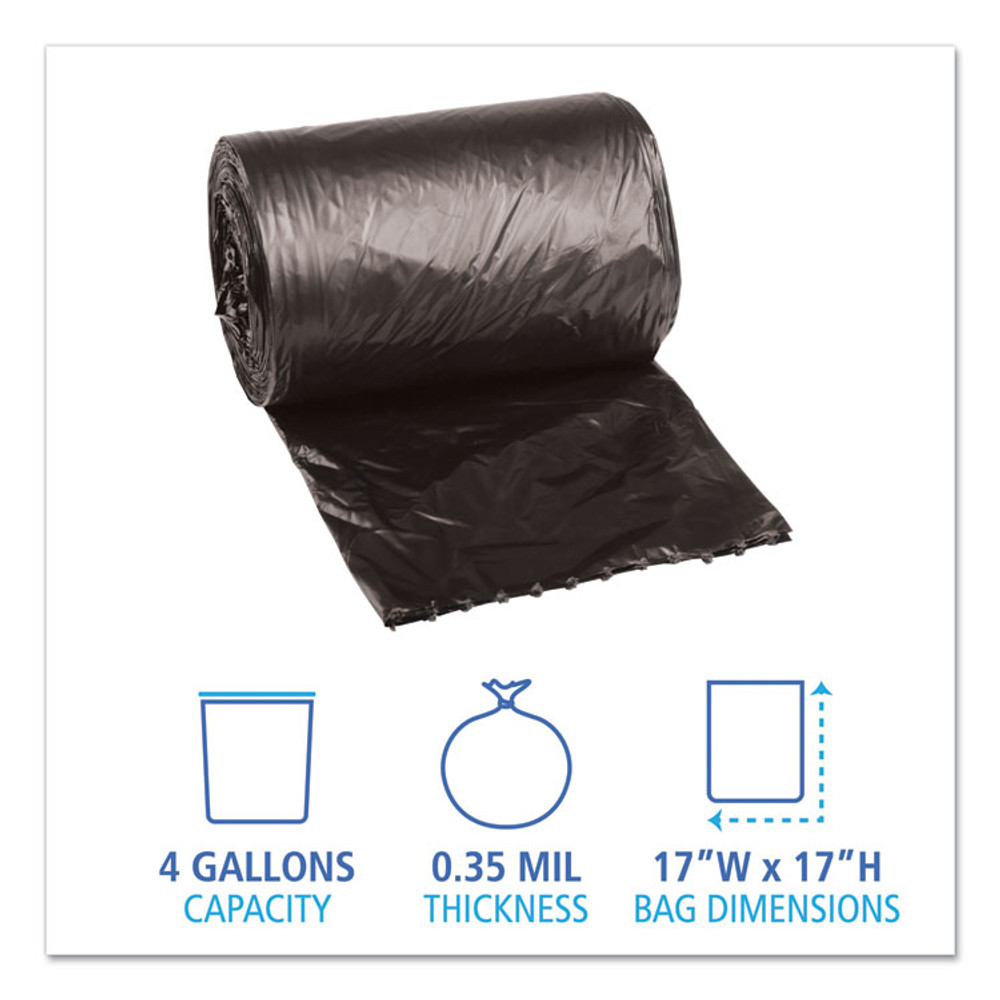 BOARDWALK 1717L Low-Density Waste Can Liners, 4 gal, 0.35 mil, 17" x 17", Black, Perforated Roll, 50 Bags/Roll, 20 Rolls/Carton