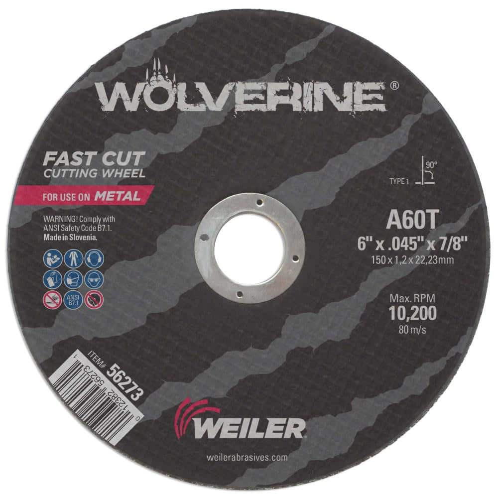 Weiler 56273 Cutoff Wheel: Type 1, 6" Dia, 0.045" Thick, 7/8" Hole, Aluminum Oxide