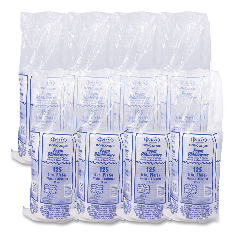 DART 6PWCR Concorde Foam Plate, 6" dia, White, 1,000/Carton