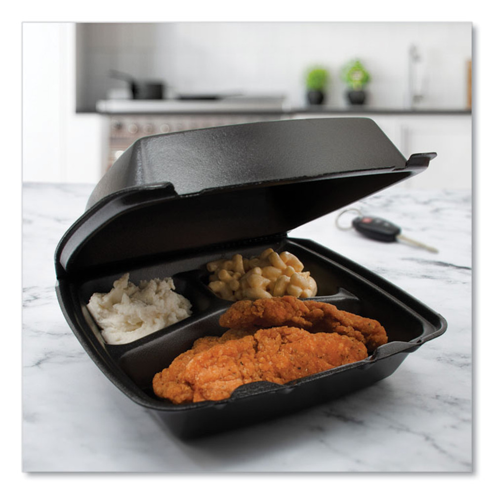DART 85HTB3R Insulated Foam Hinged Lid Containers, 3 Compartments, 7.96 x 3.2 x 8.36, Black, Foam, 200/Carton