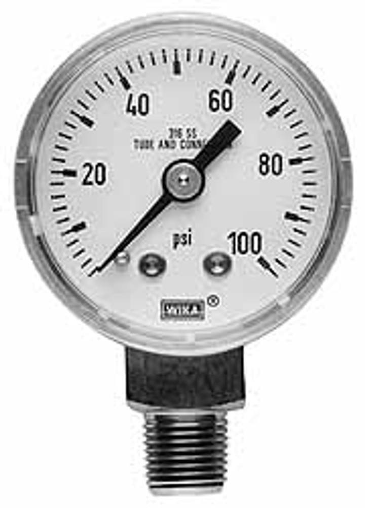 Wika 9117997 Pressure Gauge: 2" Dial, 160 psi, 1/4" Thread, Lower Mount