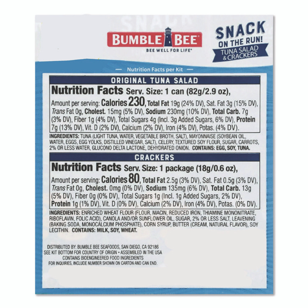BUMBLE BEE FOODS, LLC AHF70777 Snack on the Run Tuna Salad with Crackers, 3.5 oz Pack, 12/Carton