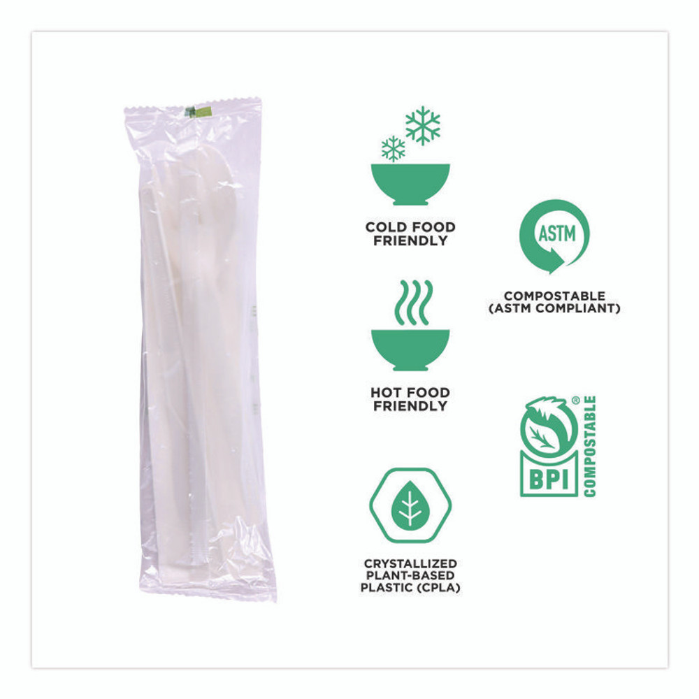 ECO-PRODUCTS,INC. EP-S015 Plantware Compostable Cutlery Kit, Fork/Knife/Napkin/Spoon, Pearl White, 250 Kits/Carton