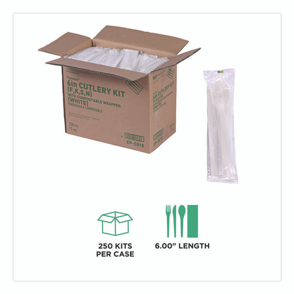 ECO-PRODUCTS,INC. EP-S015 Plantware Compostable Cutlery Kit, Fork/Knife/Napkin/Spoon, Pearl White, 250 Kits/Carton