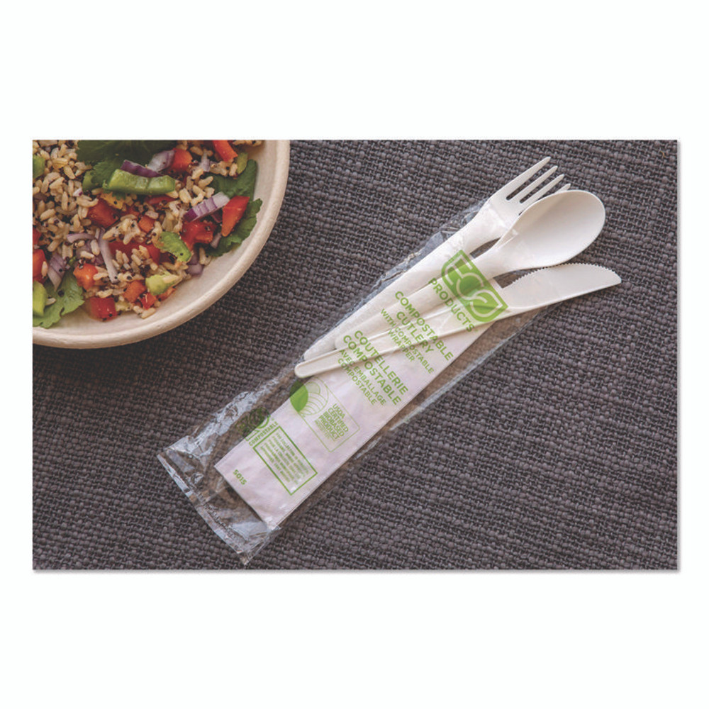 ECO-PRODUCTS,INC. EP-S015 Plantware Compostable Cutlery Kit, Fork/Knife/Napkin/Spoon, Pearl White, 250 Kits/Carton