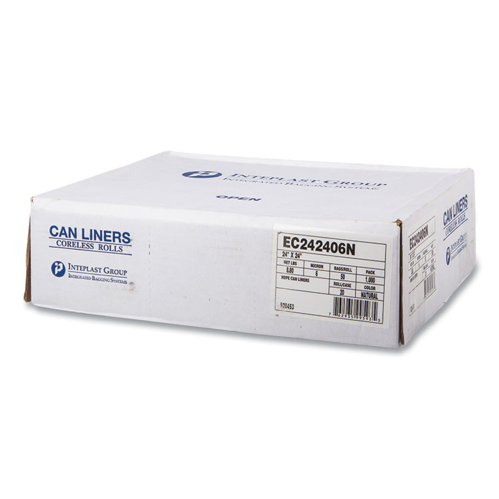 INTEGRATED BAGGING SYSTEMS Inteplast Group EC242406N High-Density Commercial Can Liners, 10 gal, 6 mic, 24" x 24", Natural, Perforated Roll, 50 Bags/Roll, 20 Rolls/Carton