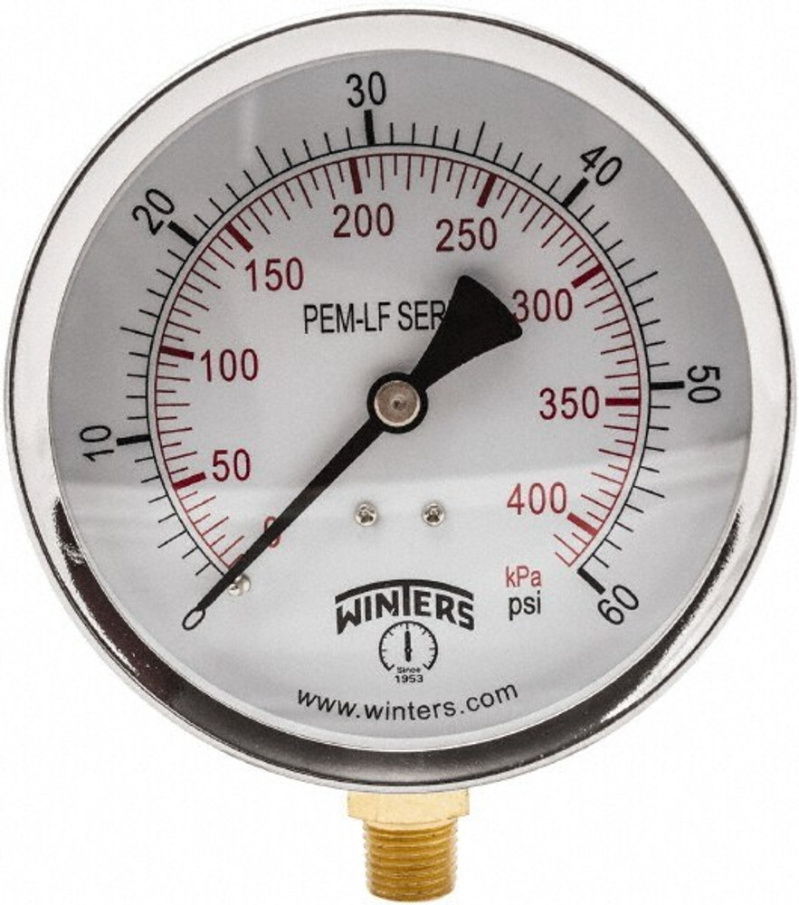 Winters PEM222LF Pressure Gauge: 4" Dial, 0 to 60 psi, 1/4" Thread, NPT, Lower Mount