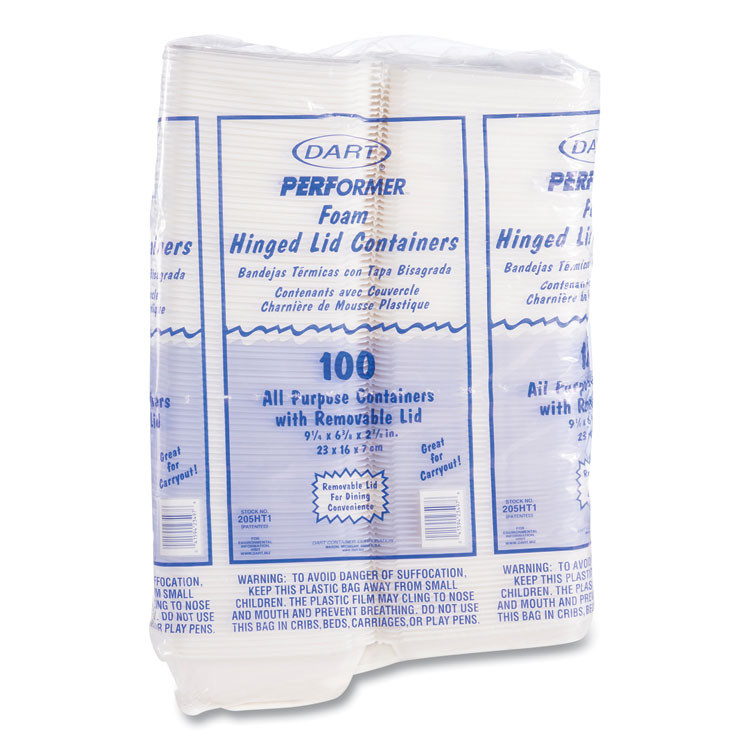 DART 205HT1 Foam Hinged Lid Containers, 6.4 x 9.3 x 2.9, White, 100/Pack, 2 Packs/Carton
