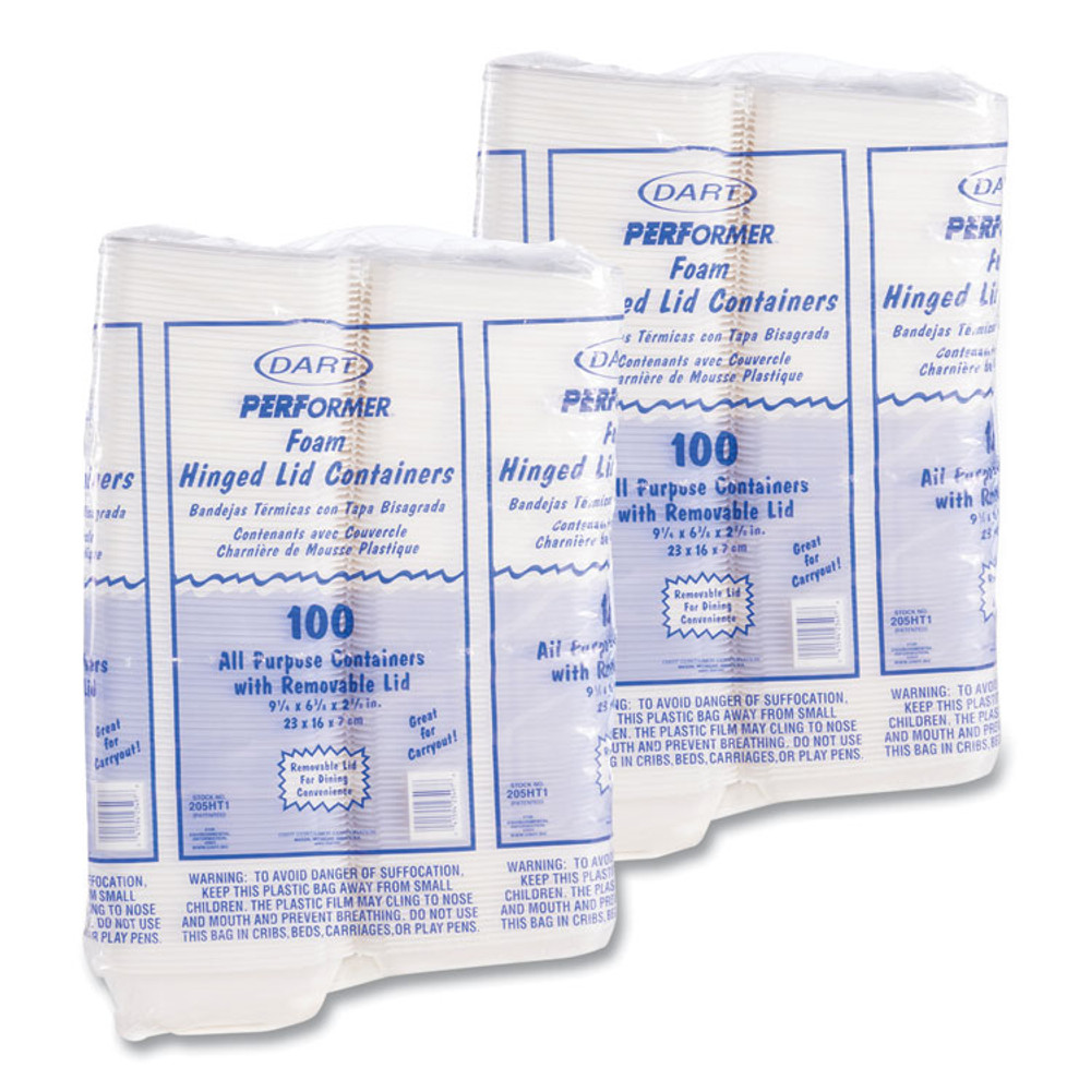 DART 205HT1 Foam Hinged Lid Containers, 6.4 x 9.3 x 2.9, White, 100/Pack, 2 Packs/Carton
