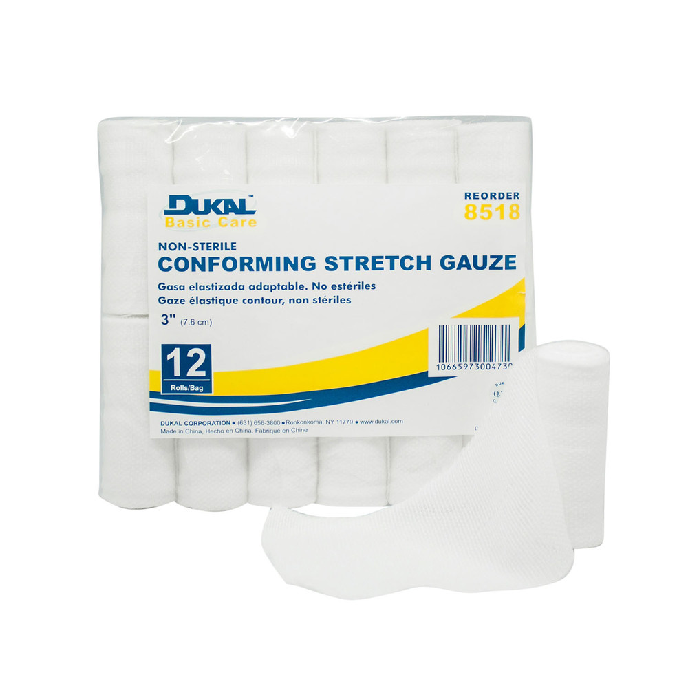 Dukal Corporation  8518 Conforming Stretch Gauze, 3" Non-Sterile, 12 rl/bg, 8 bg/cs (180 cs/plt)