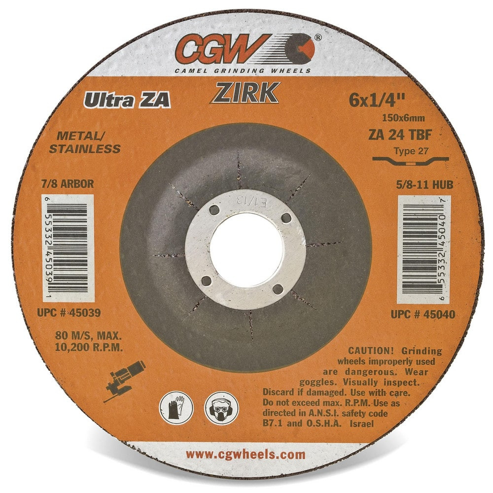 CGW Abrasives 35628 Depressed Center Wheel: Type 27, 5" Dia, 1/4" Thick, Aluminum Oxide