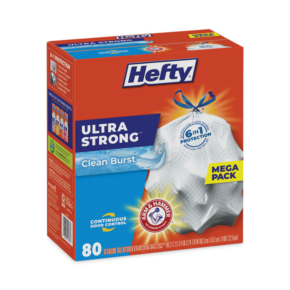 REYNOLDS FOOD PACKAGING Hefty® E88356 Extra Heavy-Duty Ultra Strong Scented Tall Kitchen Bags, Drawstring, 13 gal, Clean Burst, 23.75" x 24.88", White, 80/Box