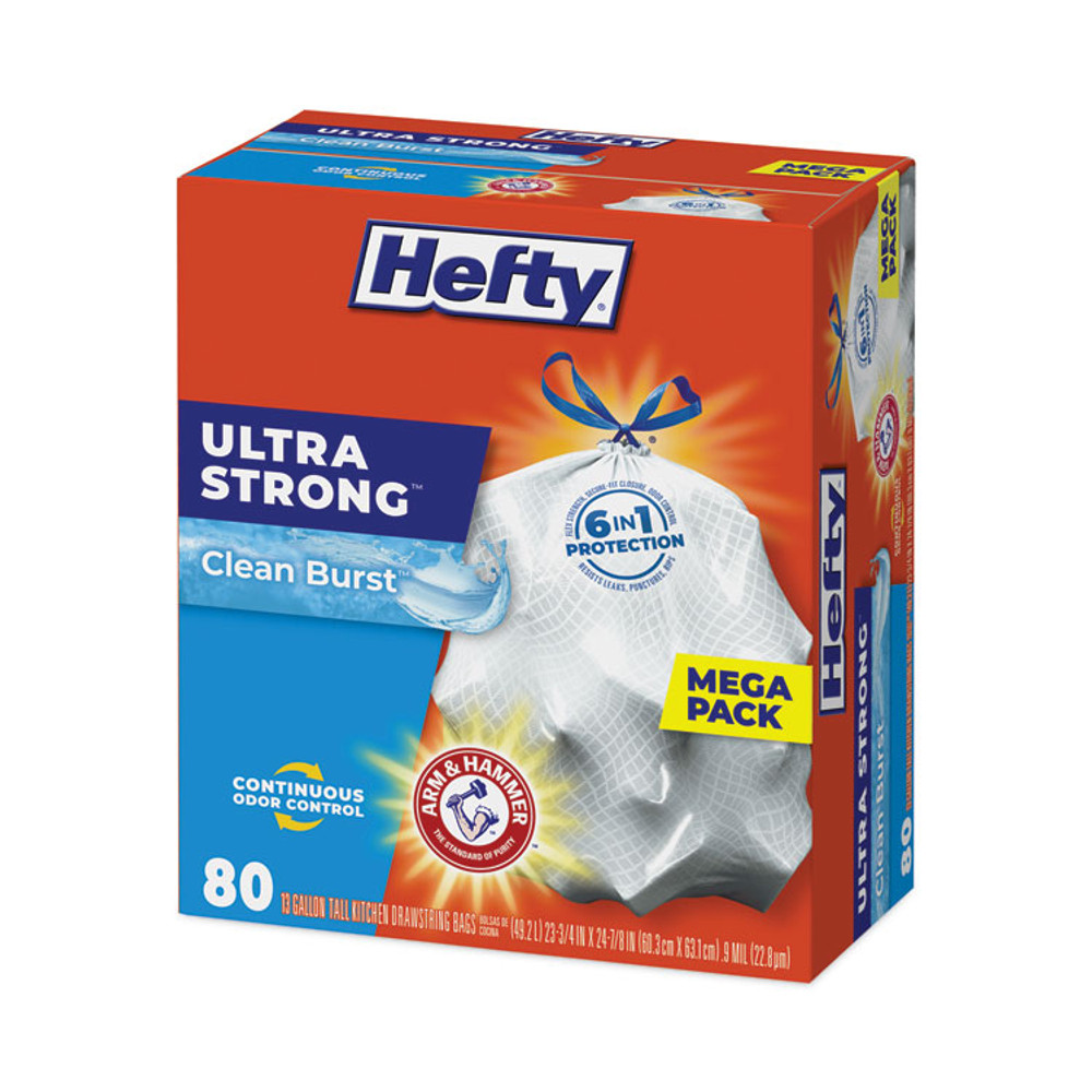 REYNOLDS FOOD PACKAGING Hefty® E88356 Extra Heavy-Duty Ultra Strong Scented Tall Kitchen Bags, Drawstring, 13 gal, Clean Burst, 23.75" x 24.88", White, 80/Box