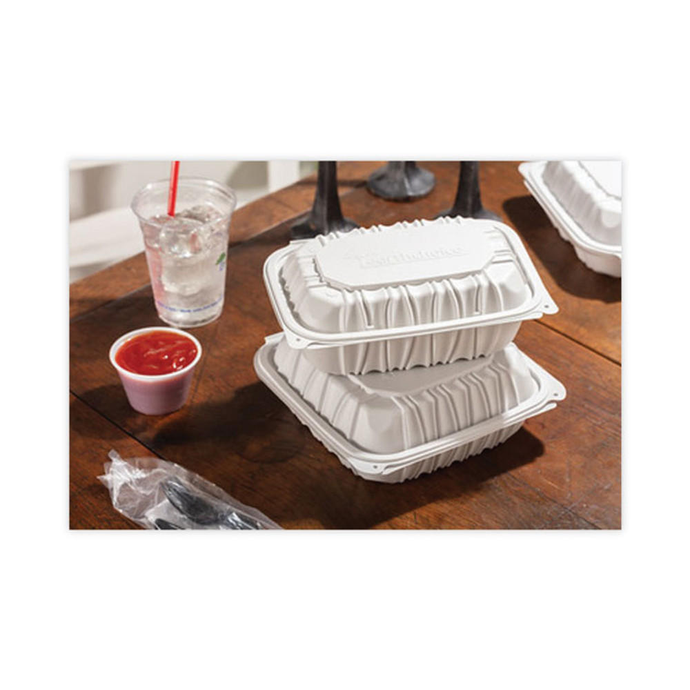 PACTIV EVERGREEN CORPORATION YCNW0205 EarthChoice Vented Microwavable MFPP Hinged Lid Container, 9 x 6 x 3.1, White, Plastic, 170/Carton