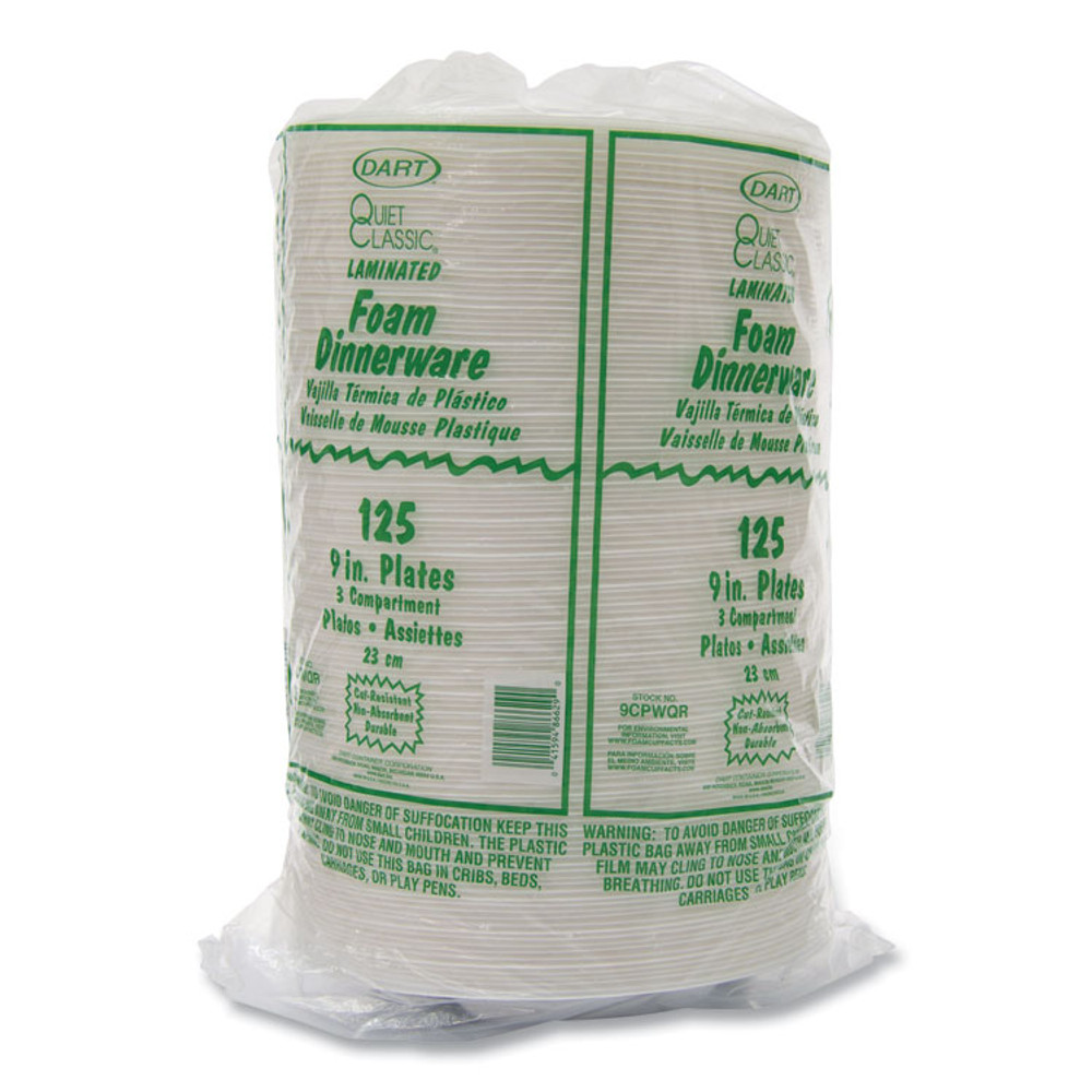 DART 9CPWQR Quiet Classic Laminated Foam Plates, 3-Compartment Plate, 9" dia, White, 125/Pack, 4 Packs/Carton