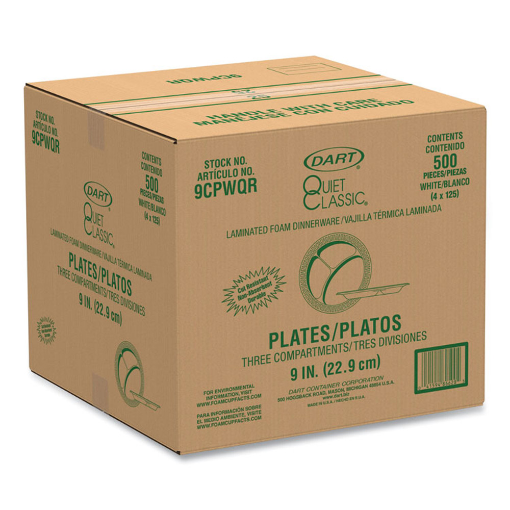 DART 9CPWQR Quiet Classic Laminated Foam Plates, 3-Compartment Plate, 9" dia, White, 125/Pack, 4 Packs/Carton