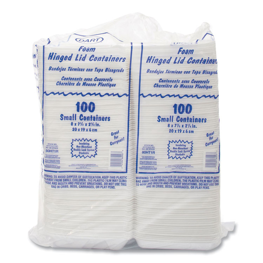 DART 80HT1R Foam Hinged Lid Containers, 7.5 x 8 x 2.2, White, 200/Carton