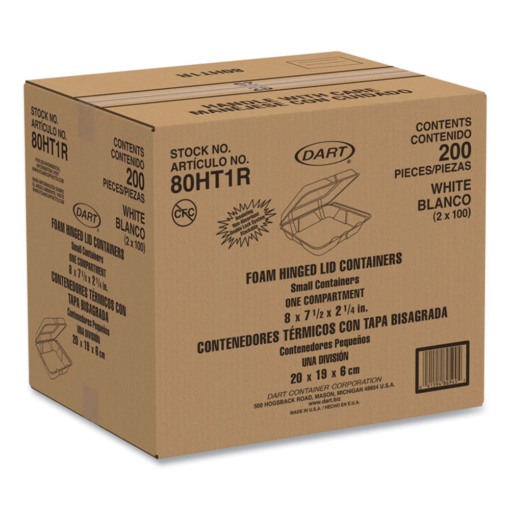 DART 80HT1R Foam Hinged Lid Containers, 7.5 x 8 x 2.2, White, 200/Carton