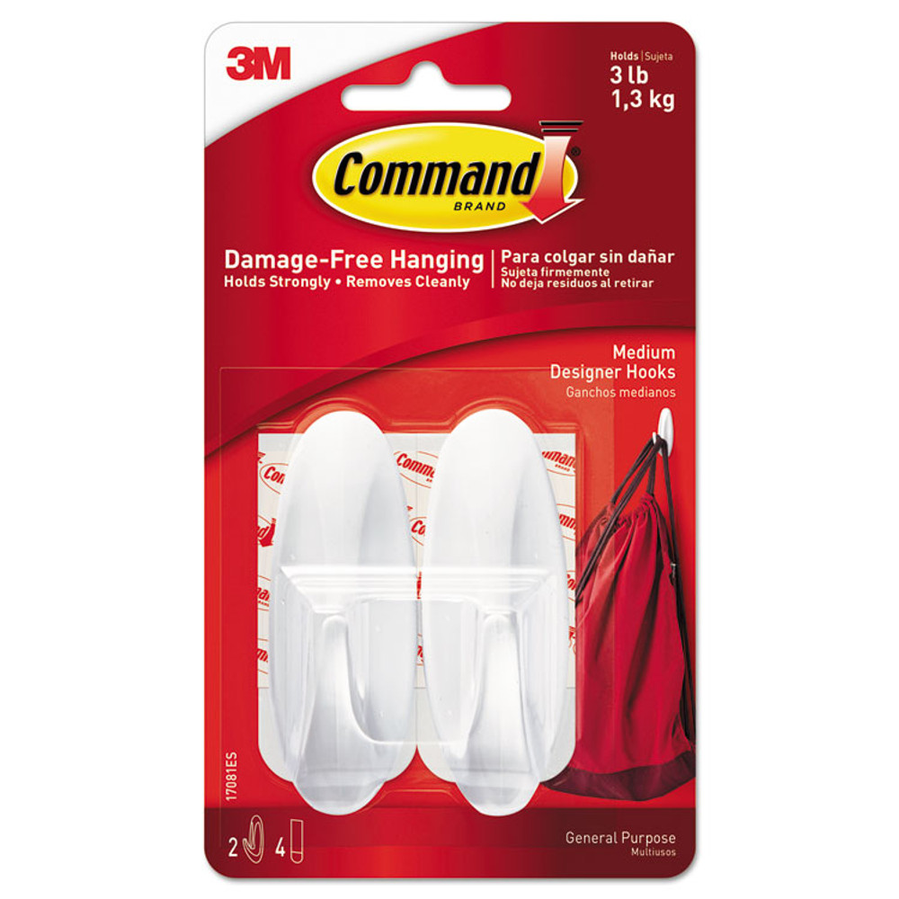 3M/COMMERCIAL TAPE DIV. Command™ 17081ES General Purpose Designer Hooks, Medium, Plastic, White, 3 lb Capacity, 2 Hooks and 4 Strips/Pack