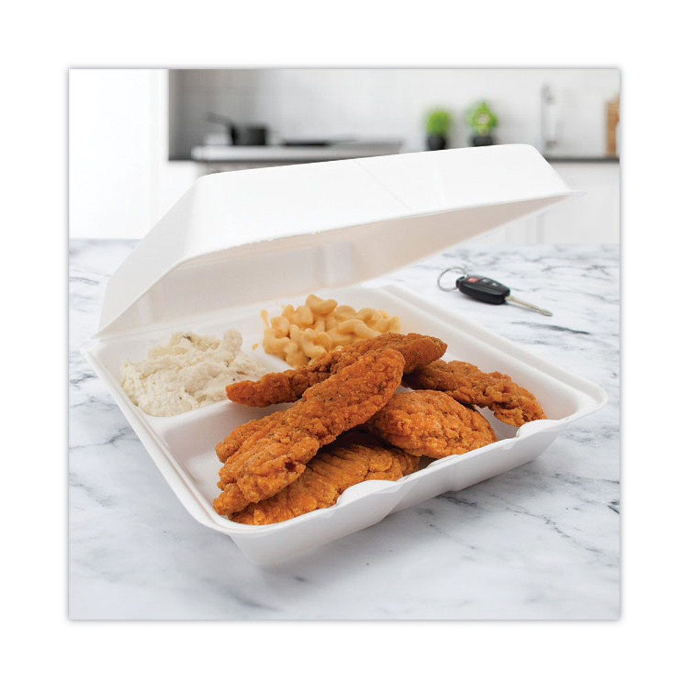 DART 95HT3 Insulated Foam Hinged Lid Containers, 3 Compartments, 9.3 x 9.5 x 3, White, 100/Sleeve, 2 Sleeves/Carton