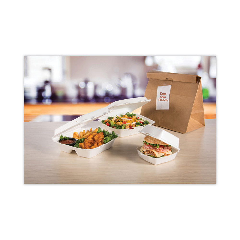 DART 95HT3 Insulated Foam Hinged Lid Containers, 3 Compartments, 9.3 x 9.5 x 3, White, 100/Sleeve, 2 Sleeves/Carton
