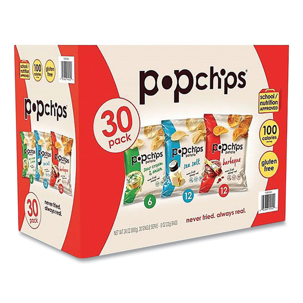 POPCHIPS SMC94005 Potato Chips, Variety Pack, Sea Salt; Sour Cream and Onion, Barbeque, 0.8 oz Pouch, 30/Carton