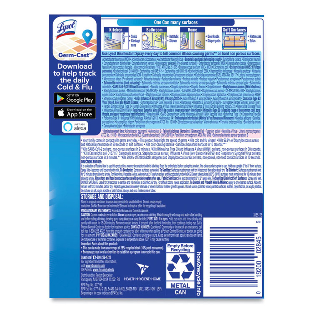 RECKITT BENCKISER LYSOL® Brand 02845EA Disinfectant Spray, Spring Waterfall Scent, 12.5 oz Aerosol Spray