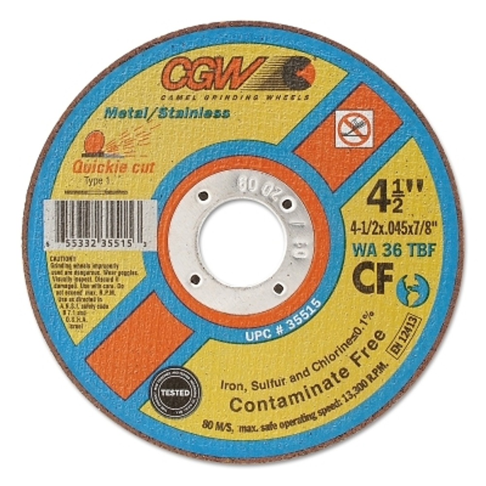 CGW Abrasives Quickie Cut™ Contaminate Free Cut-Off Wheel, 4-1/2 in Dia, 0.045 in Thick, 7/8 in Arbor, 36 Grit Alum. Oxide