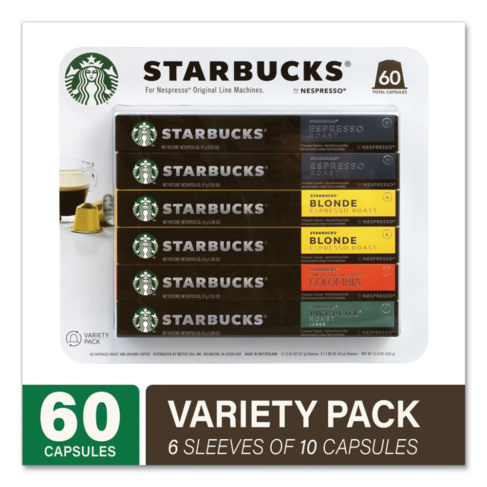 STARBUCKS COFFEE COMPANY By NESPRESSO® 22001153 Pods Variety Pack, Blonde Espresso/Colombia/Espresso/Pikes Place, 60 Pods/Pack