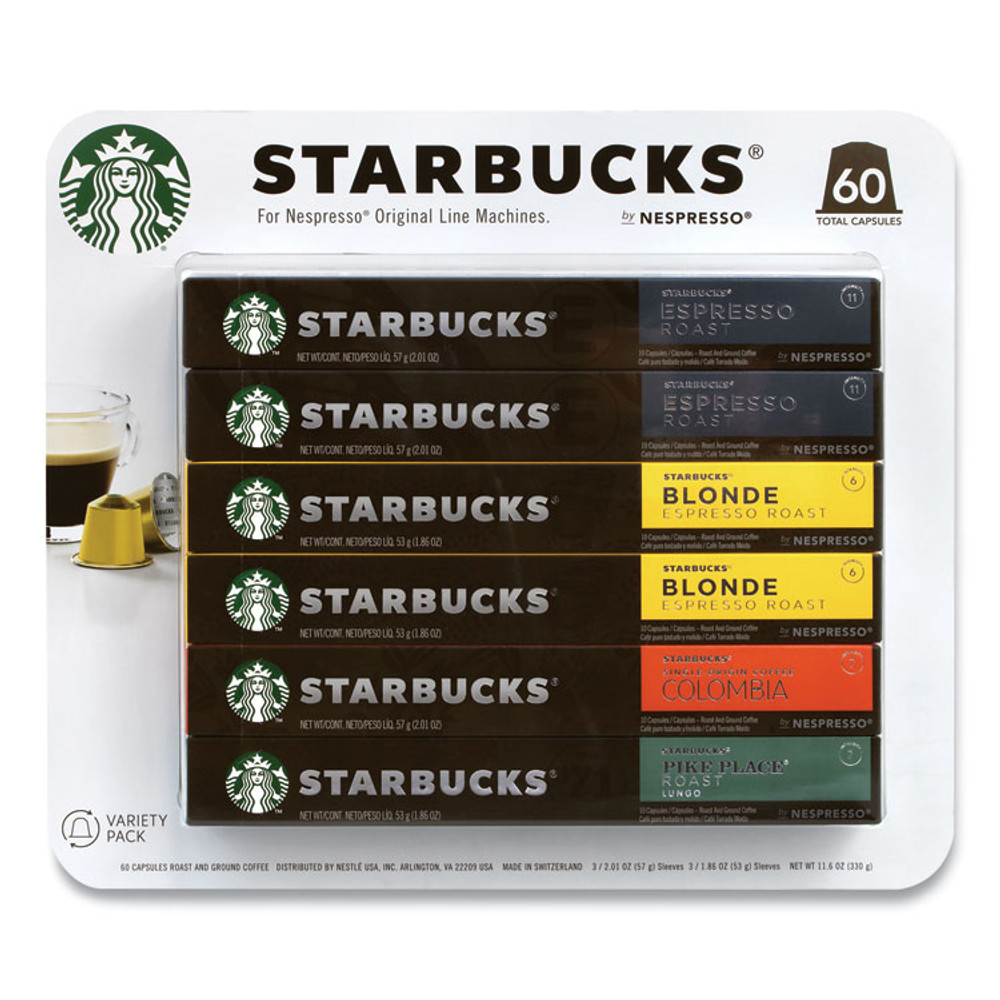 STARBUCKS COFFEE COMPANY By NESPRESSO® 22001153 Pods Variety Pack, Blonde Espresso/Colombia/Espresso/Pikes Place, 60 Pods/Pack