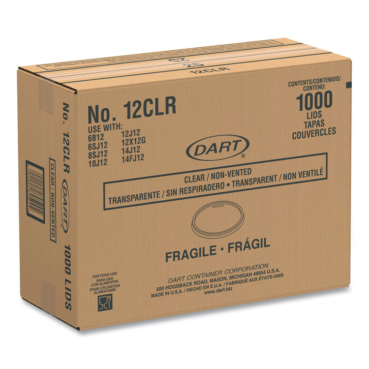DART SOLO® 12CLR Non-Vented Cup Lids, Fits 10 oz to 14 oz Hot Cups/6 oz to 8 oz Food Containers/6 oz Bowls; Plastic, Clear, 1,000/Carton