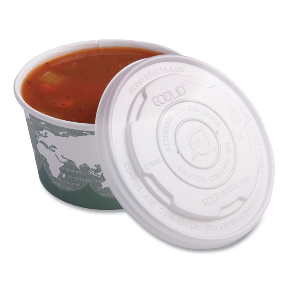 ECO-PRODUCTS,INC. EPECOLIDSPL World Art PLA-Laminated Soup Container Lids for 12 oz, 16 oz, 32 oz, White, Plastic, 50/Pack, 10 Packs/Carton