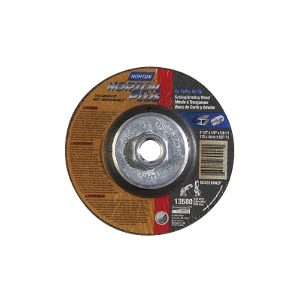 Saint-Gobain Norton Type 27 NorZon® Plus Depressed Center Wheel, 4-1/2 in dia, 1/8 in Thick, 5/8 in Arbor, 24 Grit