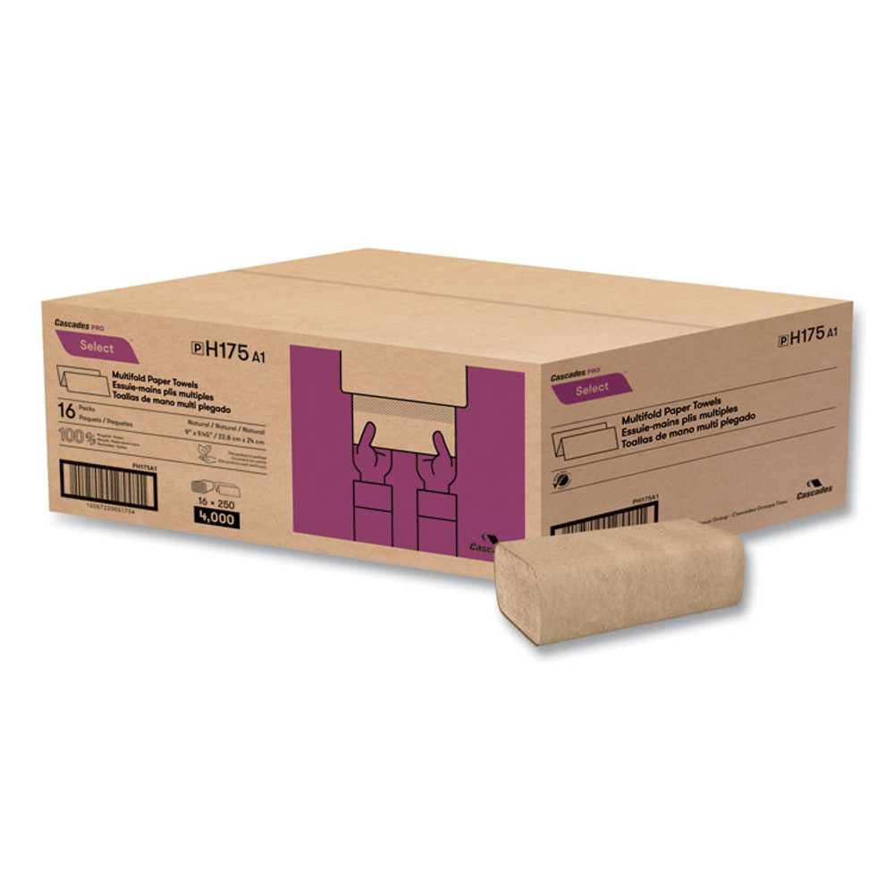 CASCADES TISSUE GROUP PRO H175 Select Folded Towels, Multifold, 1-Ply, 9 x 9.45, Natural, 250/Pack, 16 Packs/Carton