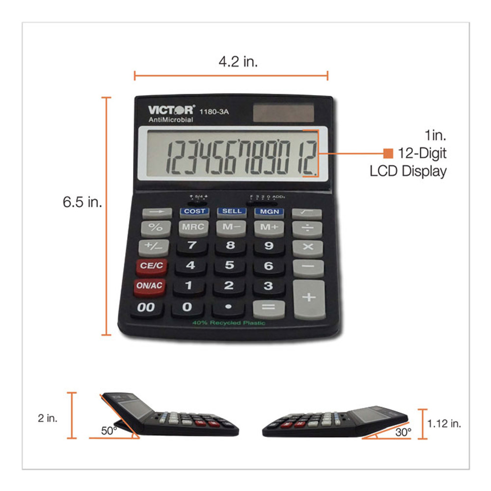 VICTOR TECHNOLOGY LLC 1180-3A 1180-3A Antimicrobial Desktop Calculator, 12-Digit LCD