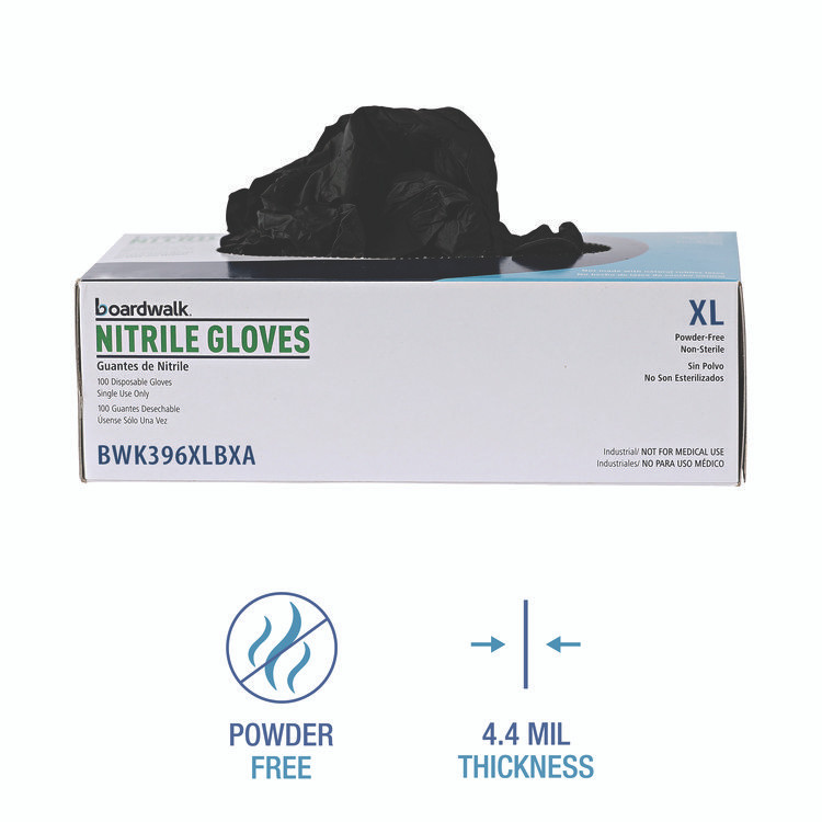 BOARDWALK 396XLBXA 396 Series Disposable General-Purpose Nitrile Gloves, Powder-Free, X-Large, 4.4 mil Thick, 9.5" Long, Black, 100/Box