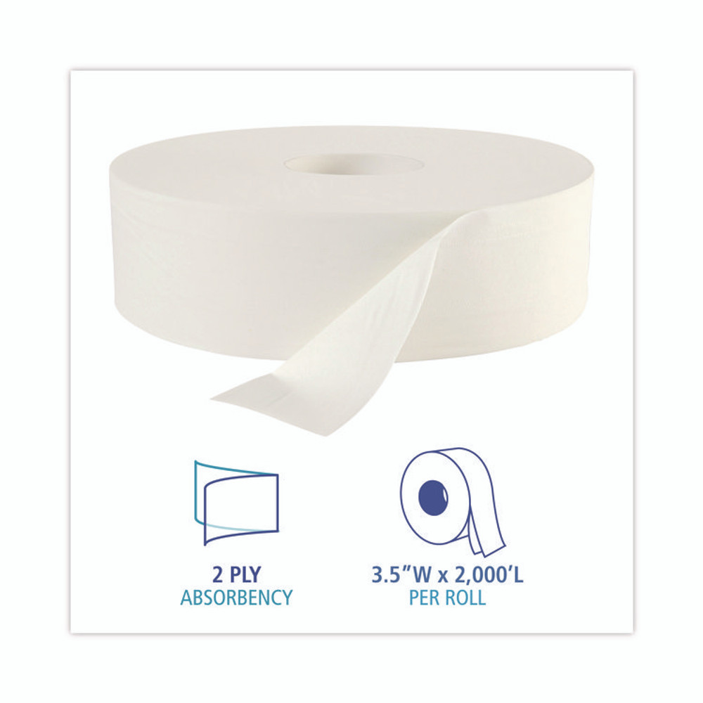 BOARDWALK 6102B JRT Bath Tissue, Jumbo, Septic Safe, 2-Ply, White, 3.5" x 2,000 ft, 12" dia, 6 Rolls/Carton