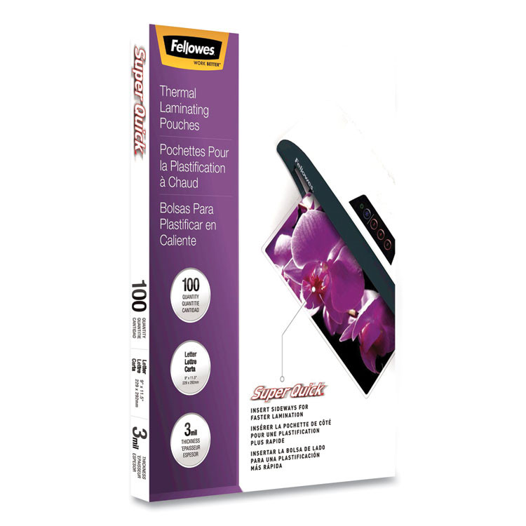 FELLOWES MFG. CO. 5245801 SuperQuick Thermal Laminating Pouches, 3 mil, 9" x 11.5", Gloss Clear, 100/Pack