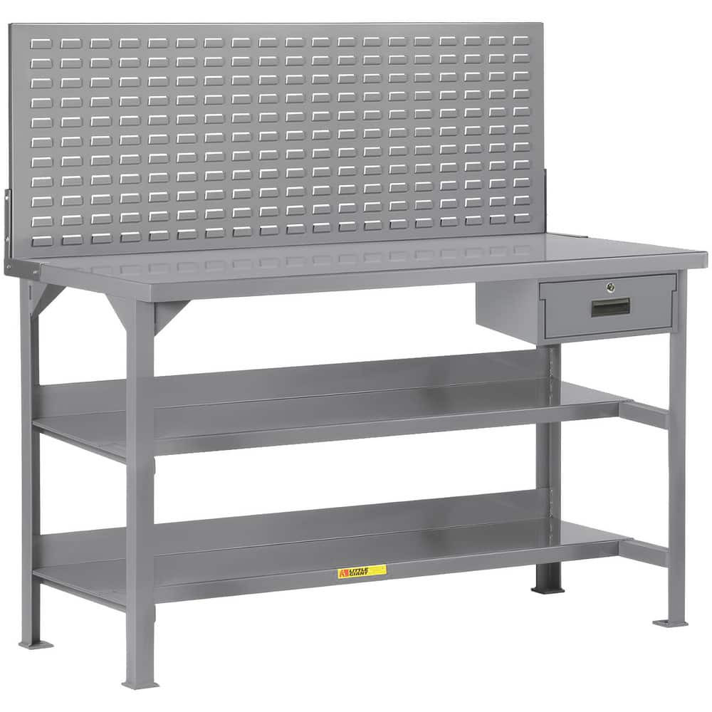 Little Giant. WST3-306036LPDR Stationary Work Benches, Tables; Bench Style: Heavy-Duty Use Workbench ; Edge Type: Square ; Leg Style: Fixed with Pre-Drill Holes for Anchoring ; Depth (Inch): 30 ; Color: Gray ; Maximum Height (Inch): 36