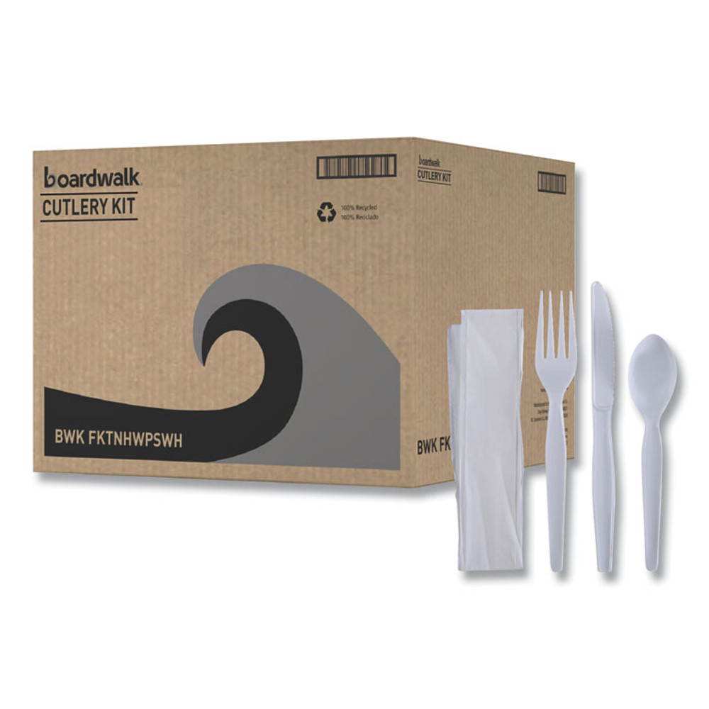 BOARDWALK FKTNHWPSWH Four-Piece Cutlery Kit, Heavyweight, Fork/Knife/Napkin/Spoon, Plastic, White, 250/Carton
