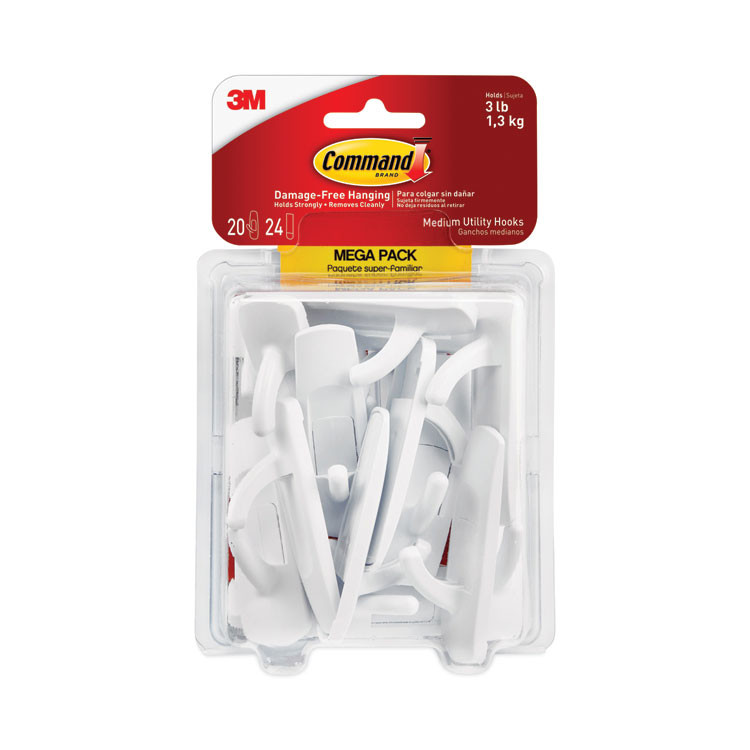 3M/COMMERCIAL TAPE DIV. Command™ 17001MPES Medium Utility Hooks, Plastic, White, Supports 3 lb, 20/Pack