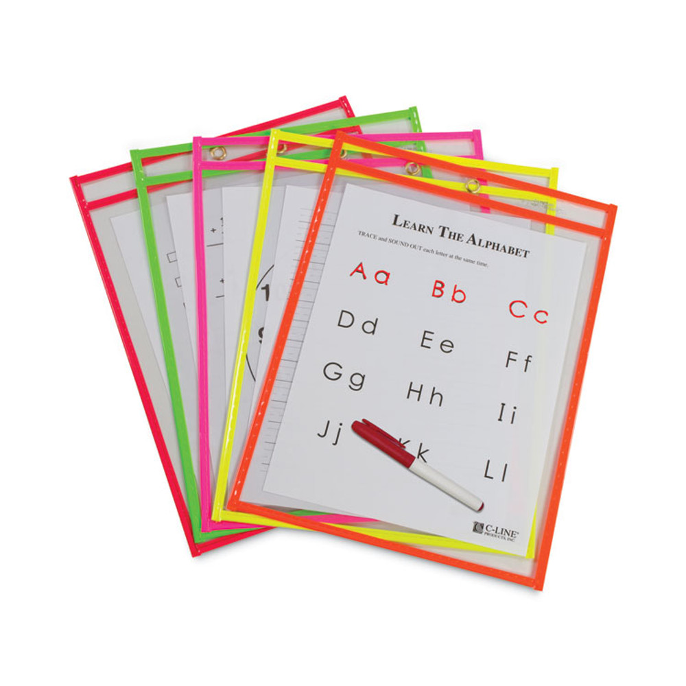 C-LINE PRODUCTS, INC 40810 Reusable Dry Erase Pockets, Super Heavy-Duty, Top Load 9 x 12 Insert, Clear Front, Assorted Neon Border, 10/Pack