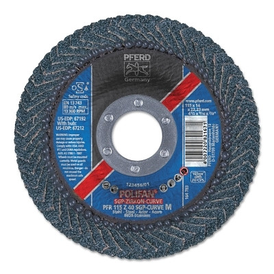 Pferd POLIFAN® Z SGP Curve Steelox Flap Disc, 4-1/2 in dia x 7/8 in Arbor, 40 Grit, Zirconia, 13300 RPM, Medium Radius