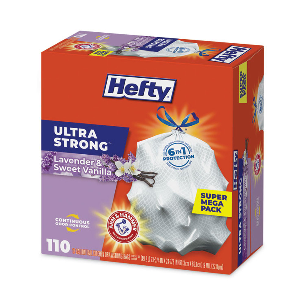 REYNOLDS FOOD PACKAGING Hefty® E88366 Extra Heavy-Duty Ultra Strong Scented Tall Kitchen Bags, Drawstring, 13 gal, Lavender/Vanilla, 23.75 x 24.88, White, 110/Box