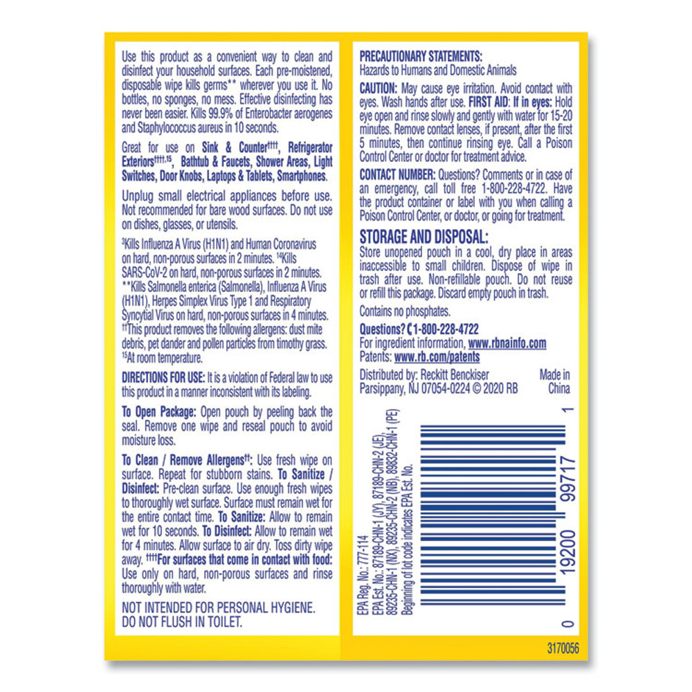 RECKITT BENCKISER LYSOL® Brand 99799CT Disinfecting Wipes Flatpacks, 1-Ply, 6.69 x 7.87, Lemon and Lime Blossom, White, 15 Wipes/Flat Pack, 24 Flat Packs/Carton