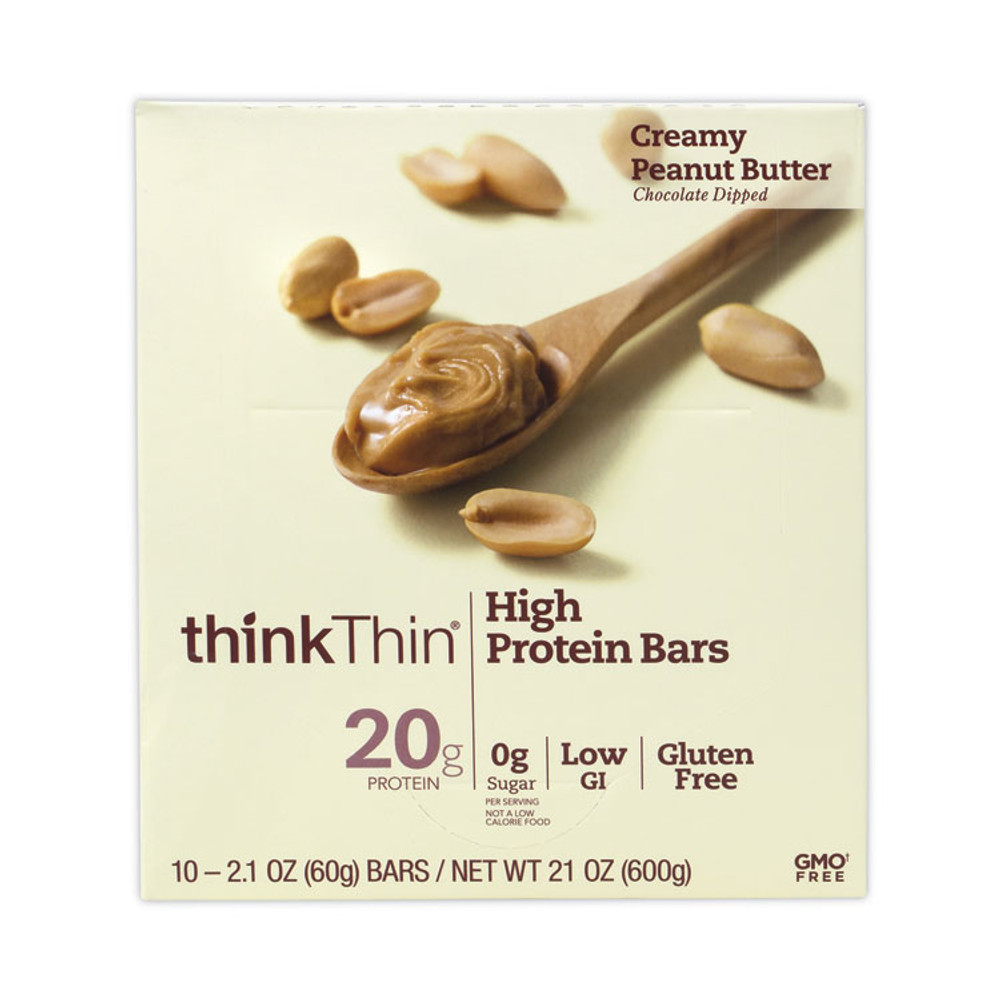 THINK! thinkThin® 30700113 High Protein Bars, Creamy Peanut Butter, 2.1 oz Bar, 10 Bars/Carton