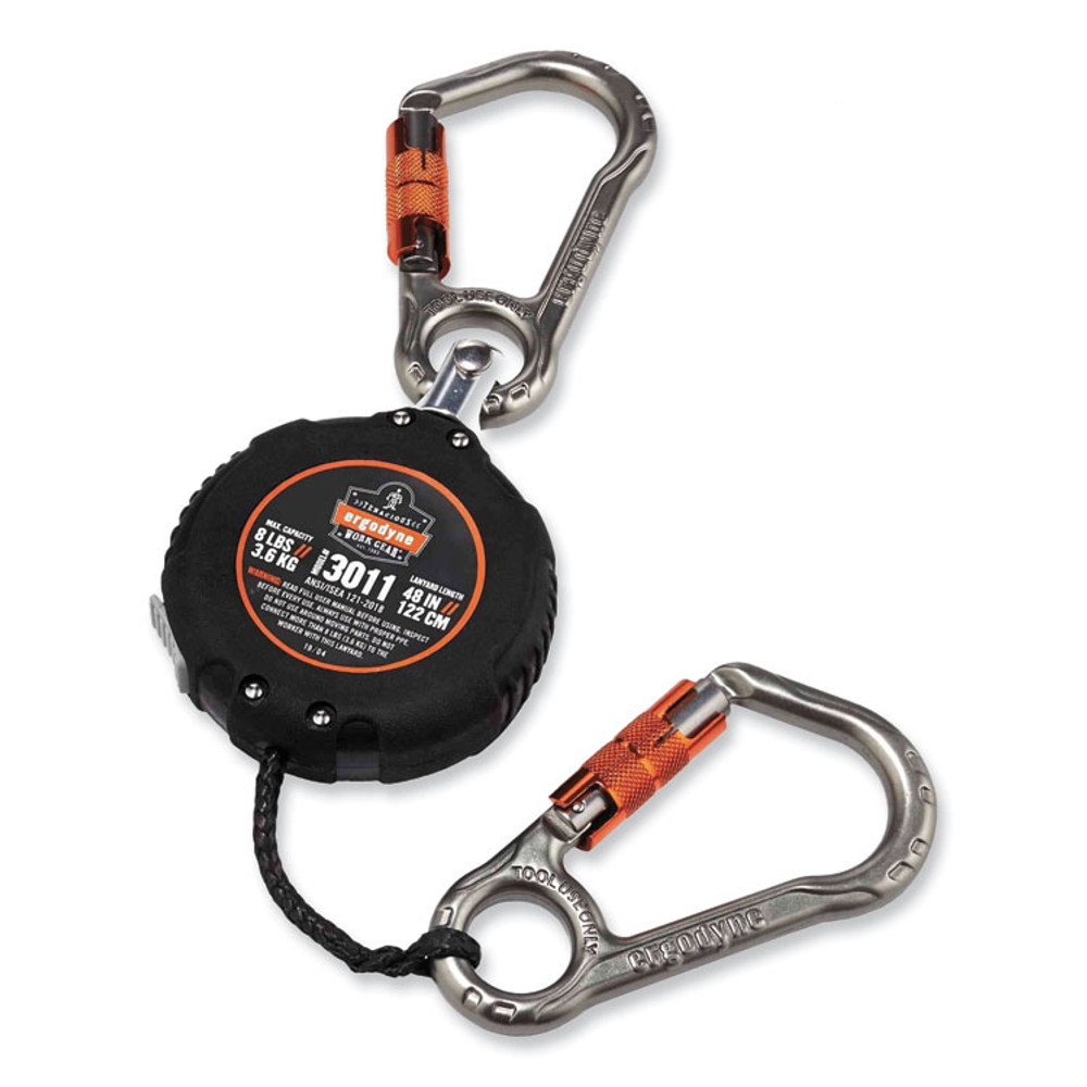 TENACIOUS HOLDINGS, INC. ergodyne® 19311 Squids 3011 Retractable Lanyard with Tool + Swivel Anchor Carabiners, 8 lb Max Working Capacity, 48" Long, Black