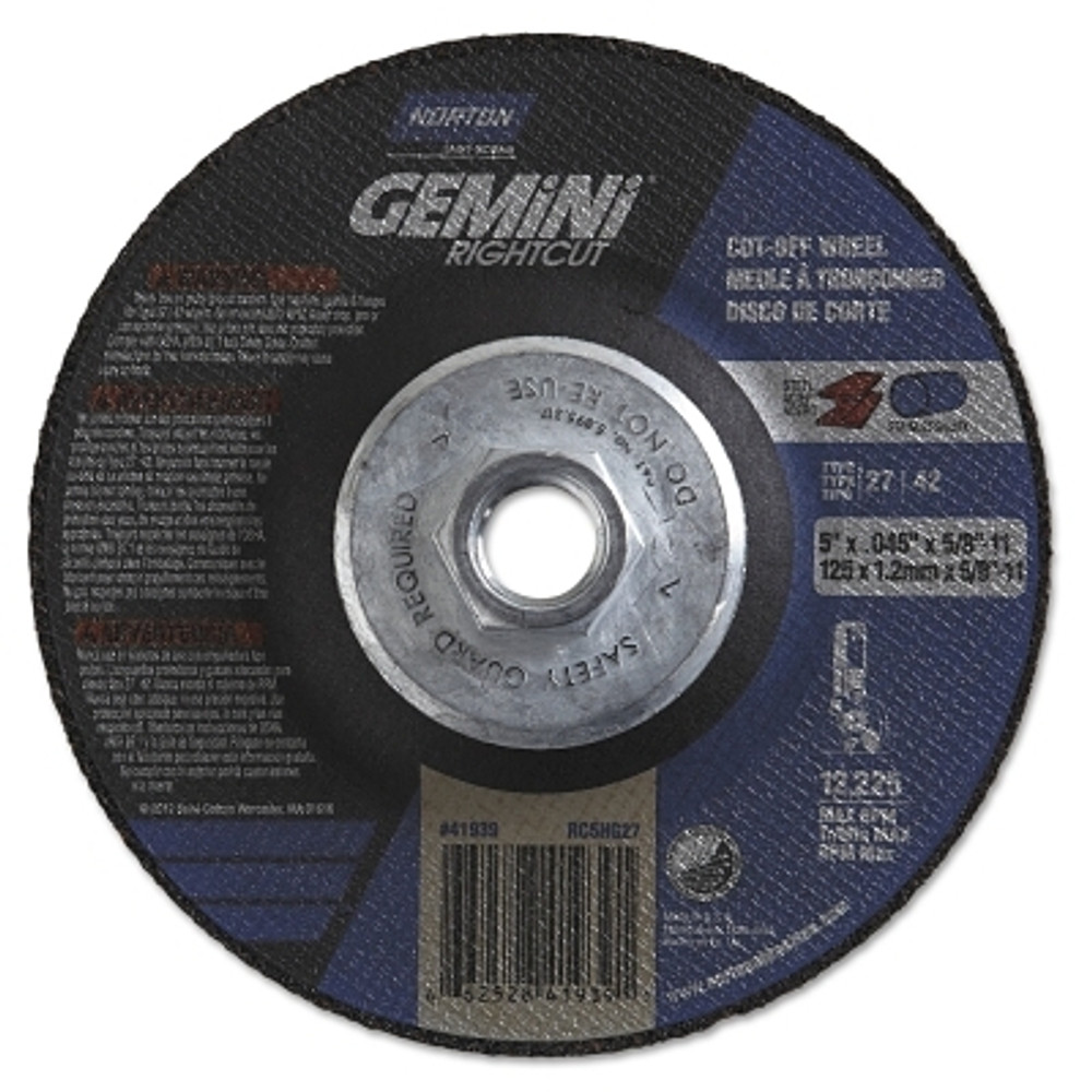 Saint-Gobain Norton 66252841939 Gemini® RightCut™ Right Angle Cut-Off Wheel, Type 27/42, 5 in dia x 0.045 in Thick x 5/8 in-11 Arbor, 1 EA/EA