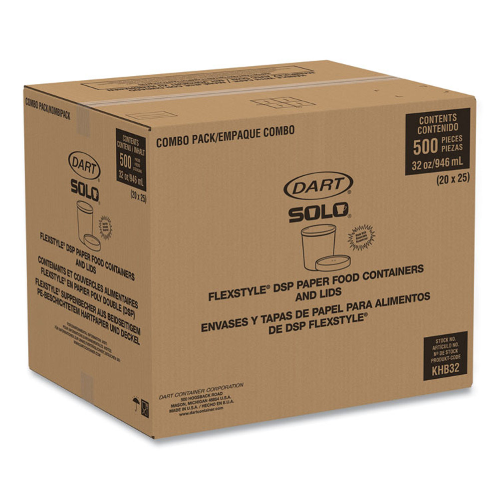 DART SOLO® KHB32ASYM Flexstyle Double Poly Food Combo Packs, 32 oz, Symphony, Paper, 25 Cups and 25 Lids/Pack, 10 Packs/Carton