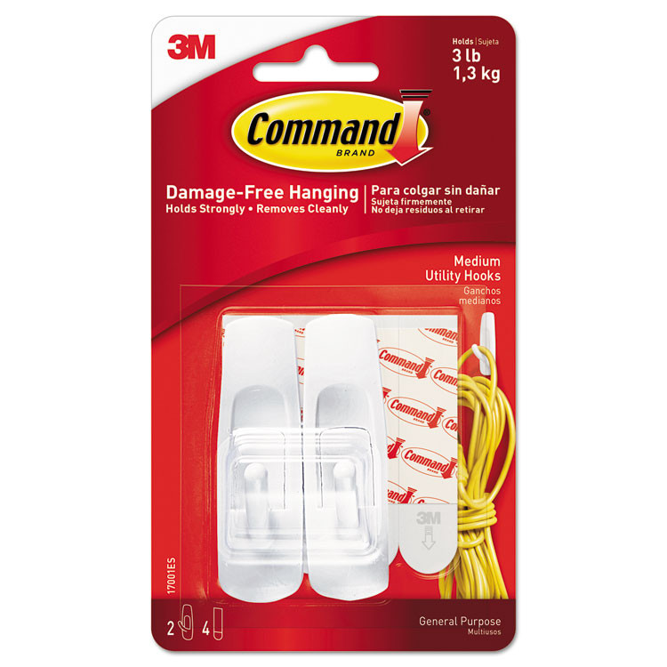 3M/COMMERCIAL TAPE DIV. Command™ 17001ES Medium Utility Hooks, Plastic, White, Supports 3 lb, 2/Pack